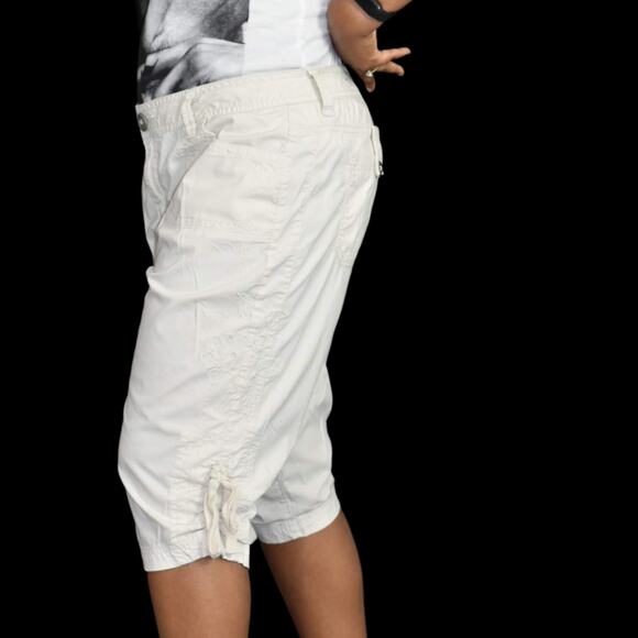 Vintage Cargo Capri Shorts Beige Bermuda Low Rise Embroidery Ruched Y2K Size 10 - Picture 6 of 13
